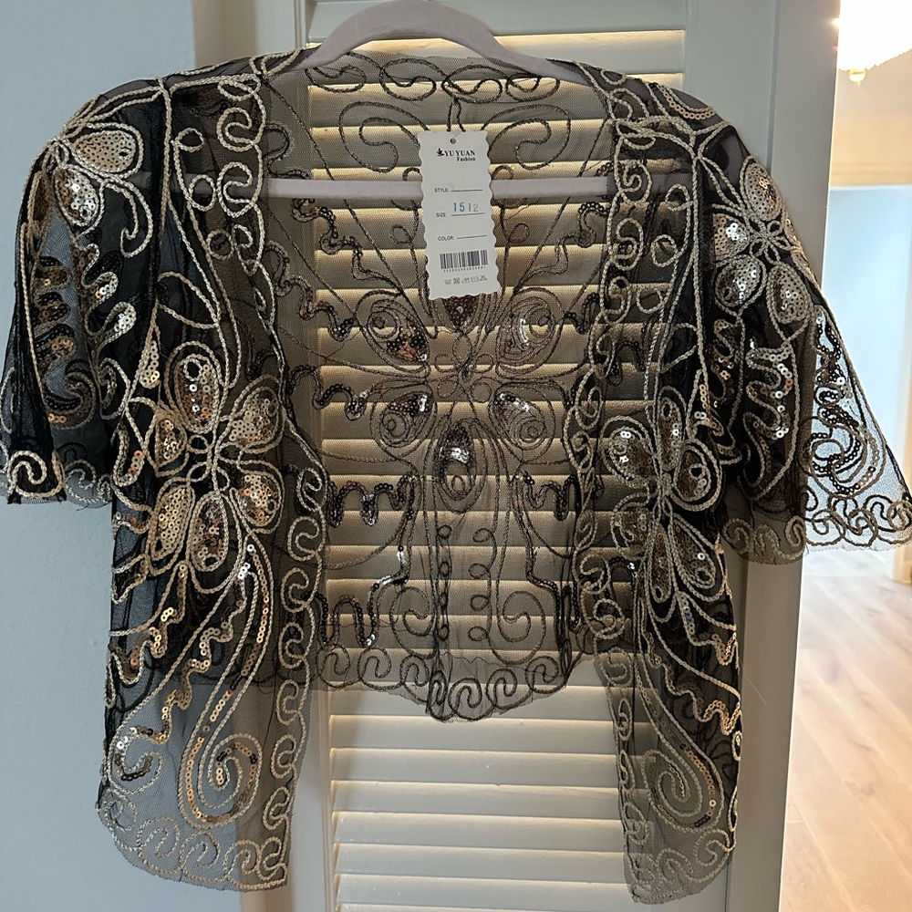 Black and Gold Embroidered Sheer Top